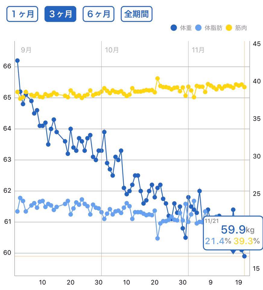 体重・体脂肪率・筋肉率の推移グラフ。約3ヶ月で体重66.2kgから59.9kg、体脂肪率21.4%、筋肉率39.3%